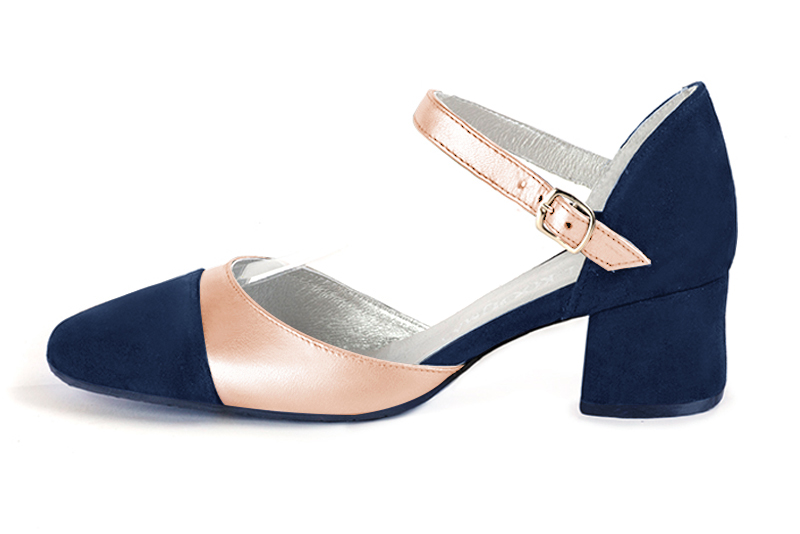 Navy blue and powder pink women's open side shoes, with an instep strap. Round toe. Low flare heels. Profile view - Florence KOOIJMAN